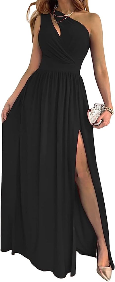 Women's One Shoulder High Split Cutout Sleeveless Elegant Sexy Cocktail Maxi Dress