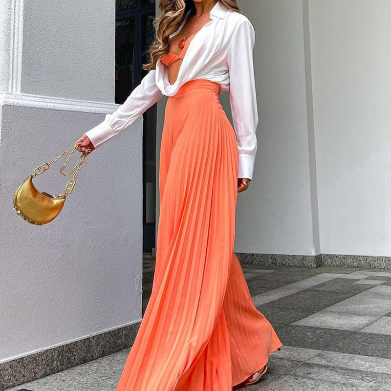 Autumn Arrival Ladies Pleated Long Wide Leg Pants