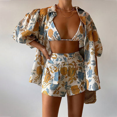 Loose Printed Shirt Camisole Shorts Three Piece Set