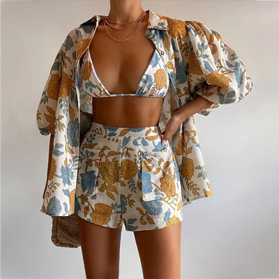 Loose Printed Shirt Camisole Shorts Three Piece Set