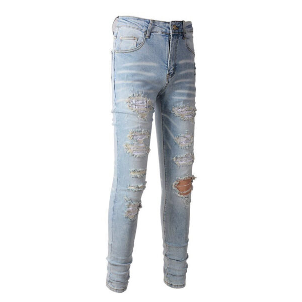 Light Colored Hot Diamond Patch With Holes In Elastic Tight Jeans For Men - Image 4