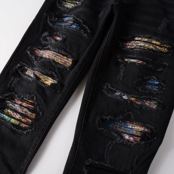 Men's Fashion Simple Print Patch Tattered Stretch Jeans - Image 6