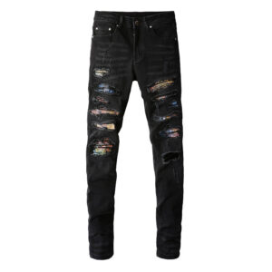 Men's Fashion Simple Print Patch Tattered Stretch Jeans