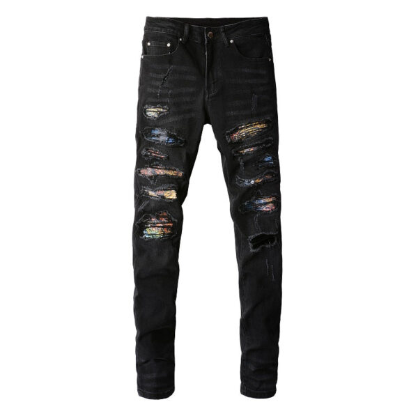 Men's Fashion Simple Print Patch Tattered Stretch Jeans - Image 2