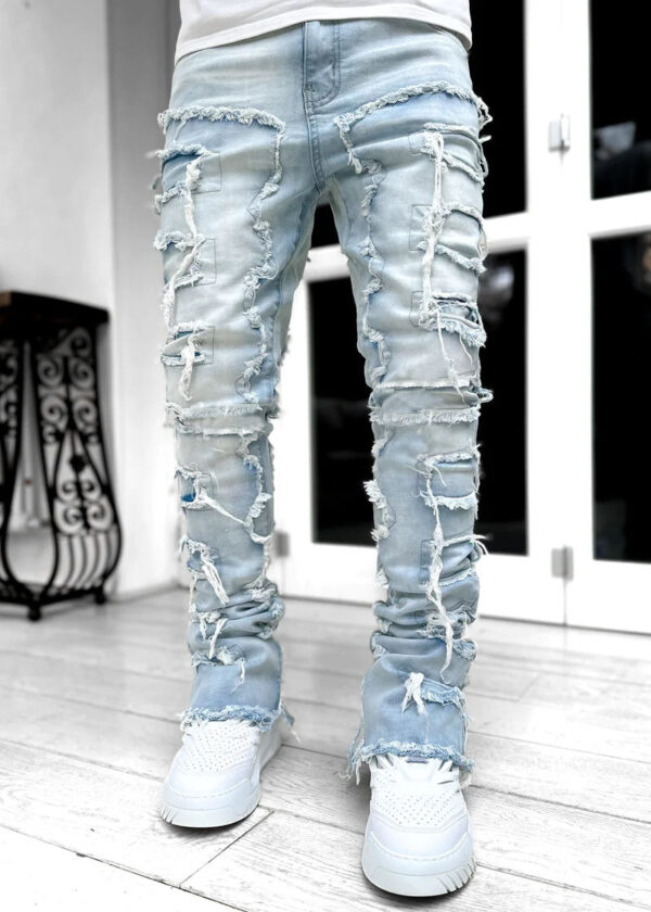 Men Trousers Individual Patched Pants Long Tight Fit Stacked Jeans For Men - Image 8