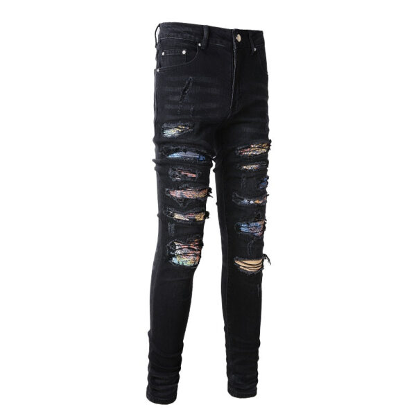 Men's Fashion Simple Print Patch Tattered Stretch Jeans - Image 4