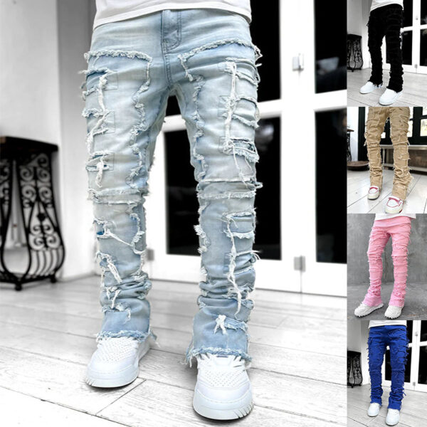 Men Trousers Individual Patched Pants Long Tight Fit Stacked Jeans For Men