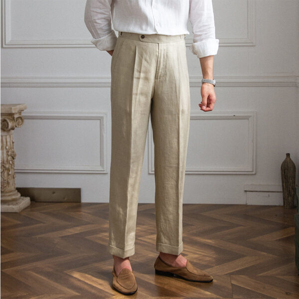 Men's Linen Straight Leg Pants High Waist Trousers Light Casual - Image 3