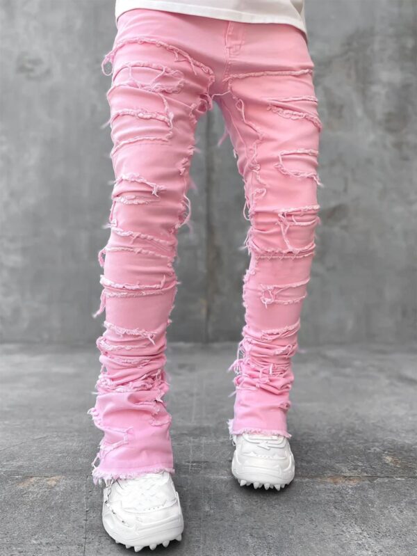 Men Trousers Individual Patched Pants Long Tight Fit Stacked Jeans For Men - Image 4