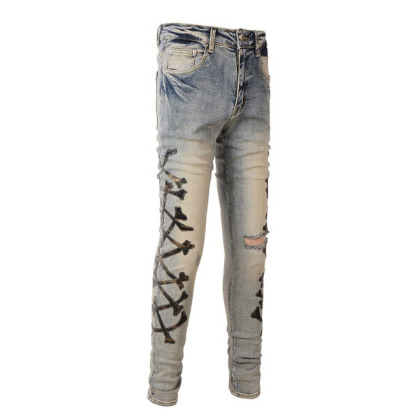 Men's Fashion Holes Bone Pattern Leather Stretch Skinny Jeans - Image 3