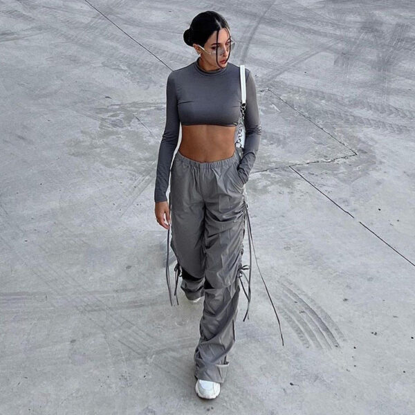 Casual Loose Fitting Wide Leg Trousers Women Street Drawstring Ripped Women Clothing Overalls - Image 5