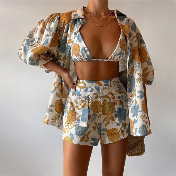 Loose Printed Shirt Camisole Shorts Three Piece Set - Image 2