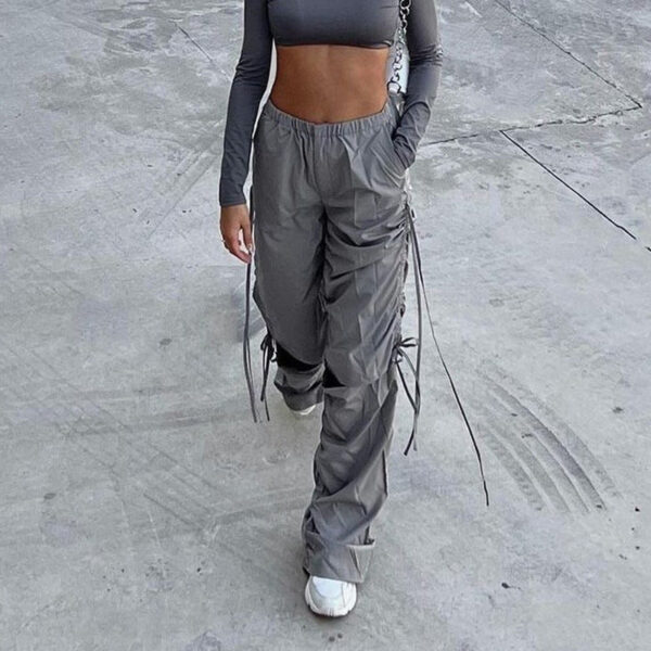 Casual Loose Fitting Wide Leg Trousers Women Street Drawstring Ripped Women Clothing Overalls - Image 2