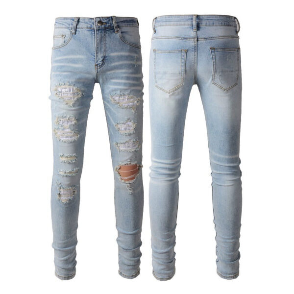 Light Colored Hot Diamond Patch With Holes In Elastic Tight Jeans For Men - Image 2