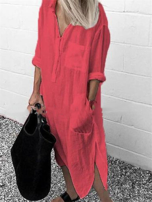 Elegant Solid Color Slit Dress Long Shirt Dress - Image 10