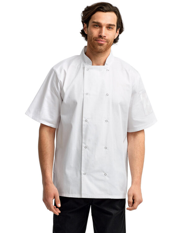 Artisan Elegance: The Unisex Studded Front Short-Sleeve Chef's Coat from the Artisan Collection by Reprime - Image 2