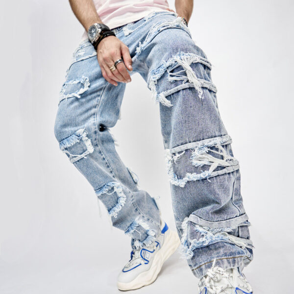 High Street Trousers Man's Pants Full Length Patched Straight Fit Men's Hip Hop Jeans - Image 3