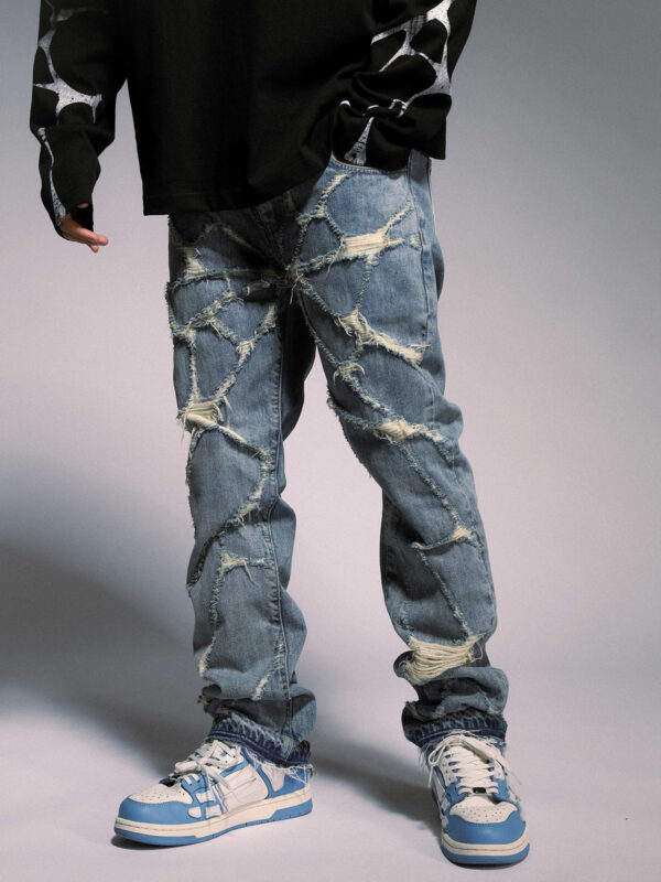 High Street Wash Destroyed Spider Web Straight Leg Jeans - Image 4