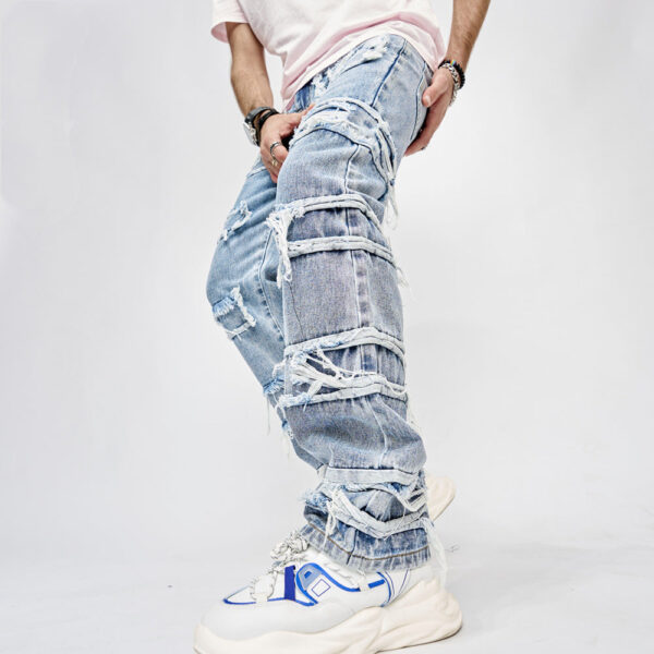 High Street Trousers Man's Pants Full Length Patched Straight Fit Men's Hip Hop Jeans - Image 4